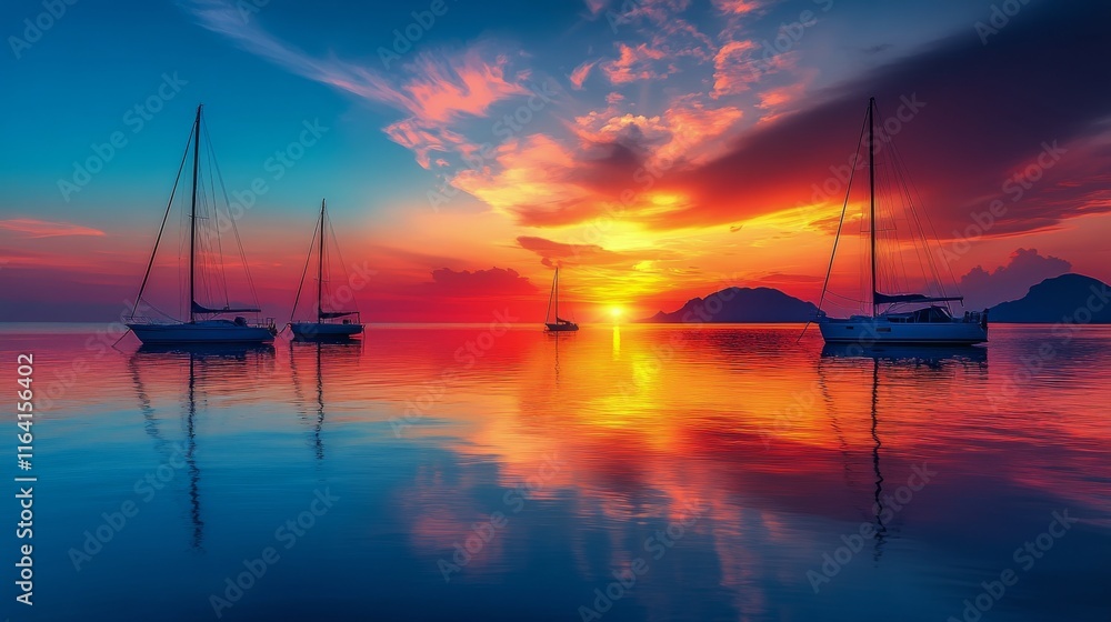 Colorful sunset over calm waters with sailboats silhouetted against vibrant sky Colorful sunset over calm waters with sailboats silhouetted against vibrant sky