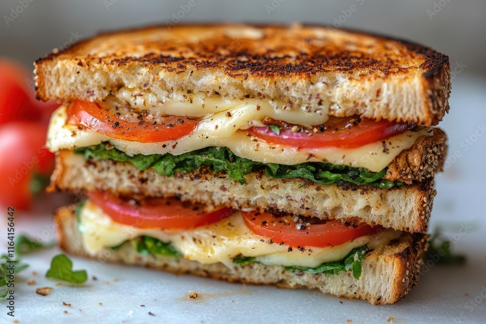 artisan sandwich stacked high with fresh cheese and vibrant greens creatively arranged on a clean white surface showcasing a delightful and appetizing culinary creation artisan sandwich stacked high with fresh cheese and vibrant greens creatively arranged on a clean white surface showcasing a delightful and appetizing culinary creation