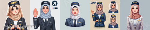 vector set of hijab flight attendant characters