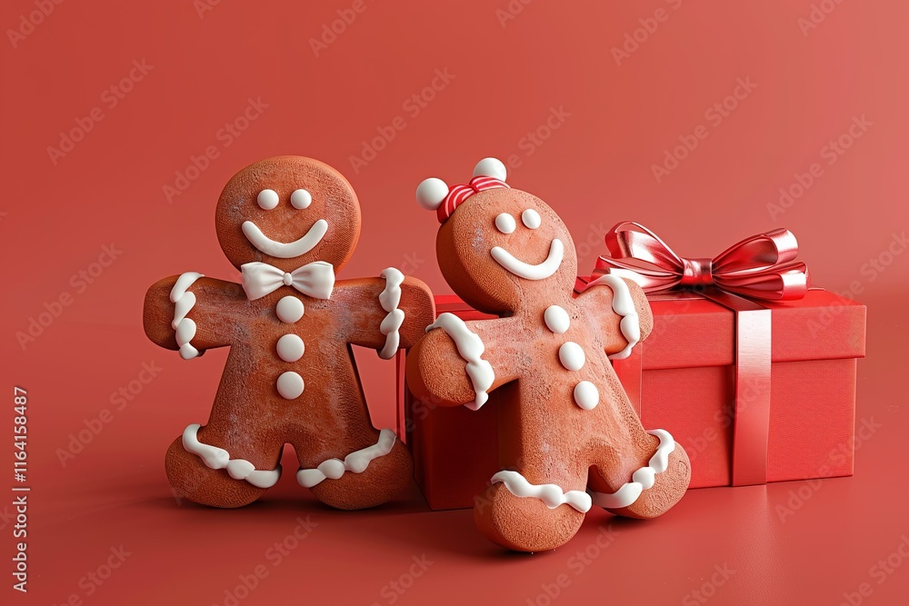 Naklejka premium Gingerbread man figurines with icing decorations, 3d illustration of two light red gift boxes with bows and ribbons, isolated on light red background