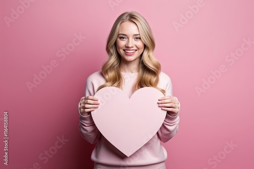 Blonde Woman Holding Pink Heart-Shaped Sign