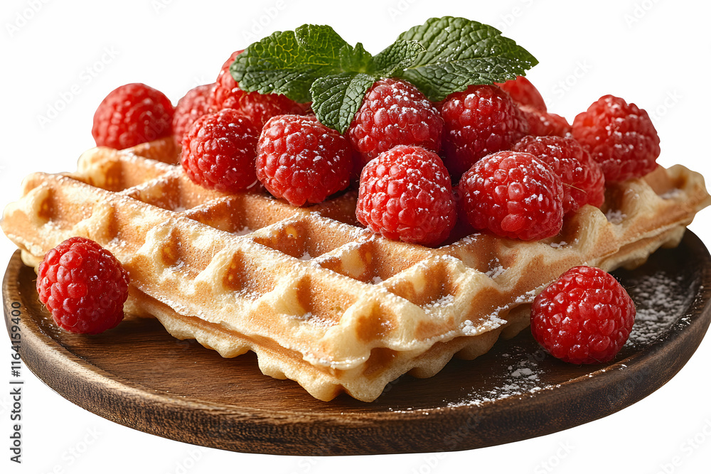 Delicious Golden Waffles Topped with Fresh Raspberries and Mint: A Culinary Delight Delicious Golden Waffles Topped with Fresh Raspberries and Mint: A Culinary Delight