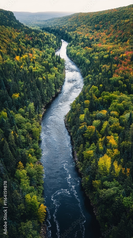 Fototapeta premium Majestic river flowing through lush forested valley during autumn season