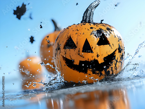 Spooky Halloween Jack-o'-Lantern Splash: A Thrilling Autumnal Scene of Mud-Spattered Pumpkins Diving into Water, Celebrating the Festive Spirit of Halloween photo