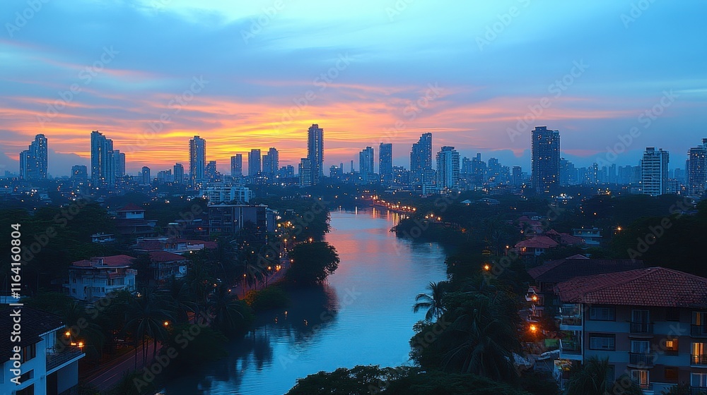 Fototapeta premium Cityscape at sunset, river, buildings, twilight.