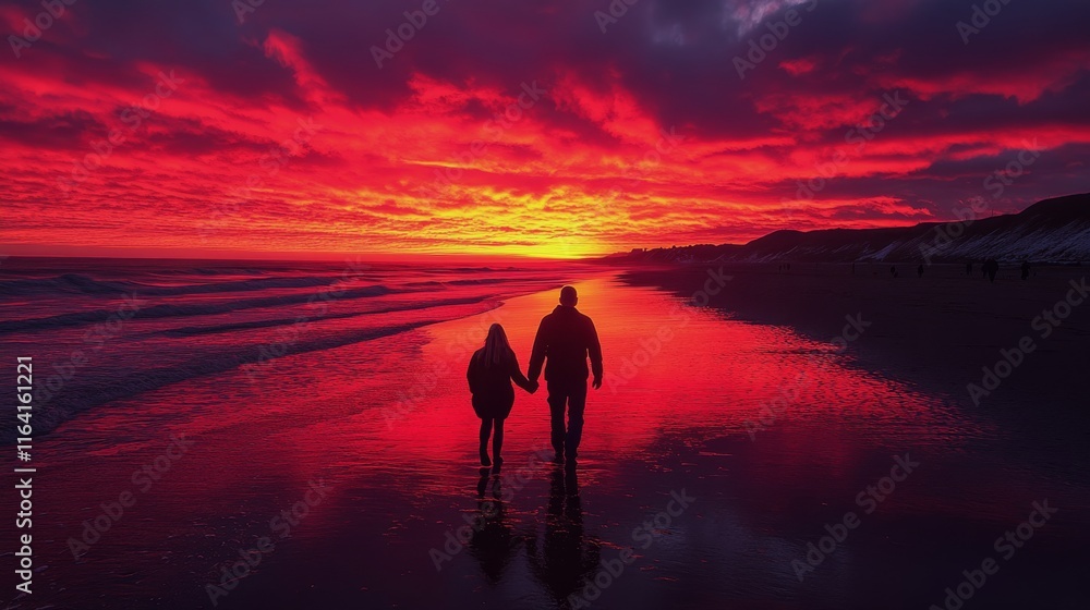 Couples walk hand in hand along the beach during a vibrant sunset reflecting on the water Couples walk hand in hand along the beach during a vibrant sunset reflecting on the water