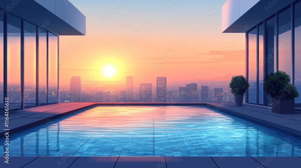 Fototapeta premium Rooftop infinity pool with city sunset view.