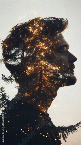 double exposure silhouette man blending with earth cosmic power star galax Double exposure silhouette of a man infused with abstract celestial gradients and glowing constellations photo