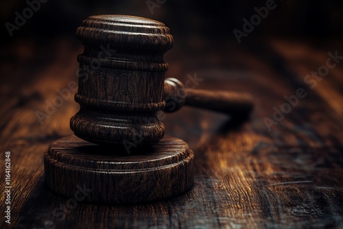 Close-up of a wooden gavel on a dark wooden surface.