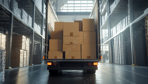 Close-Up View of a Moving Truck Filled with Cardboard Boxes Ready for Delivery to a Commercial Warehouse photo