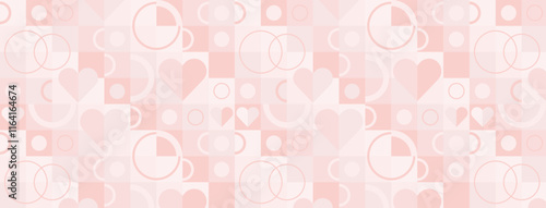 Valentine's day abstract geometric seamless pattern. Mosaic minimalist background, banner, template with simple shapes, hearts.