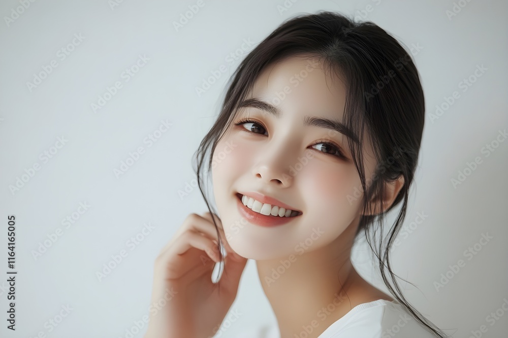 Face photo of Asian beauty model with cosmetics, lotion and skin care, smiling brightly and touching her cheeks in natural light on white background Face photo of Asian beauty model with cosmetics, lotion and skin care, smiling brightly and touching her cheeks in natural light on white background