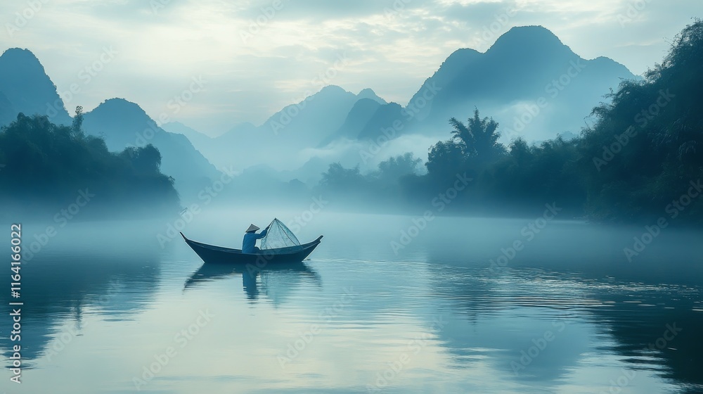 Fisherman casting net on calm river surrounded by misty mountains at dawn Fisherman casting net on calm river surrounded by misty mountains at dawn