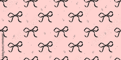 Coquette Black Bows Seamless pattern. Trendy Romantic Vector Endless background with  Ribbons in retro style