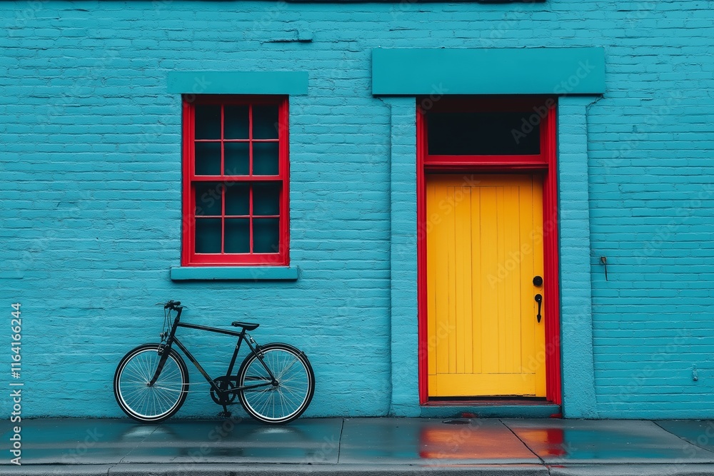 A charming blue building with bright yellow door and a bicycle propped against the wall invites exploration.