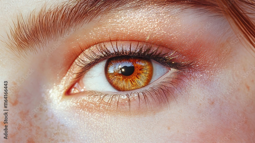 Obraz premium Close-Up of a Human Eye with Golden Brown Iris and Sparkling Makeup Highlighting Eyelashes and Eyebrow Details