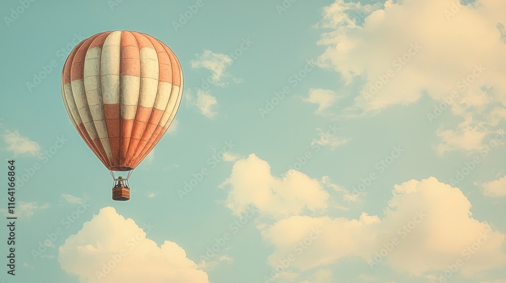 Fototapeta premium Brightly Colored Hot Air Balloon Floating in a Clear Sky with Soft, Fluffy Clouds Enhancing the Tranquil Atmosphere of a Perfect Day for Adventure and Exploration