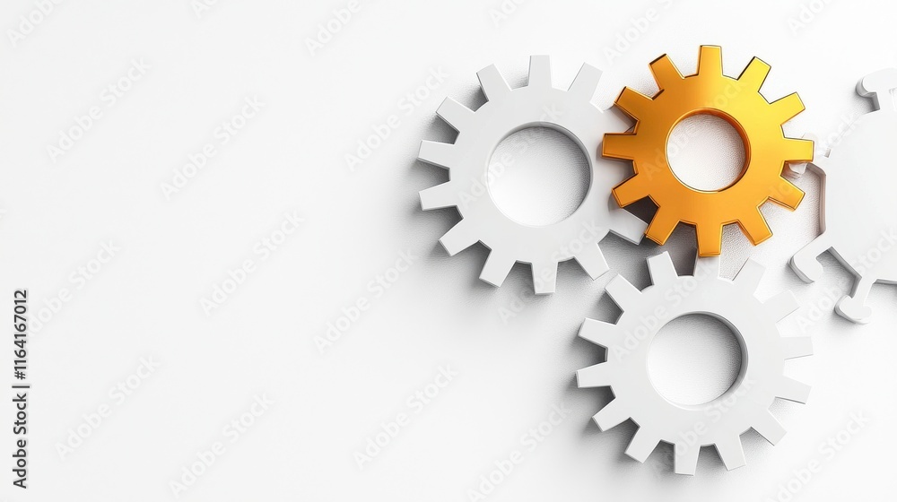 Interlocking Gears with One Distinctive Orange Gear on White Surface Interlocking Gears with One Distinctive Orange Gear on White Surface