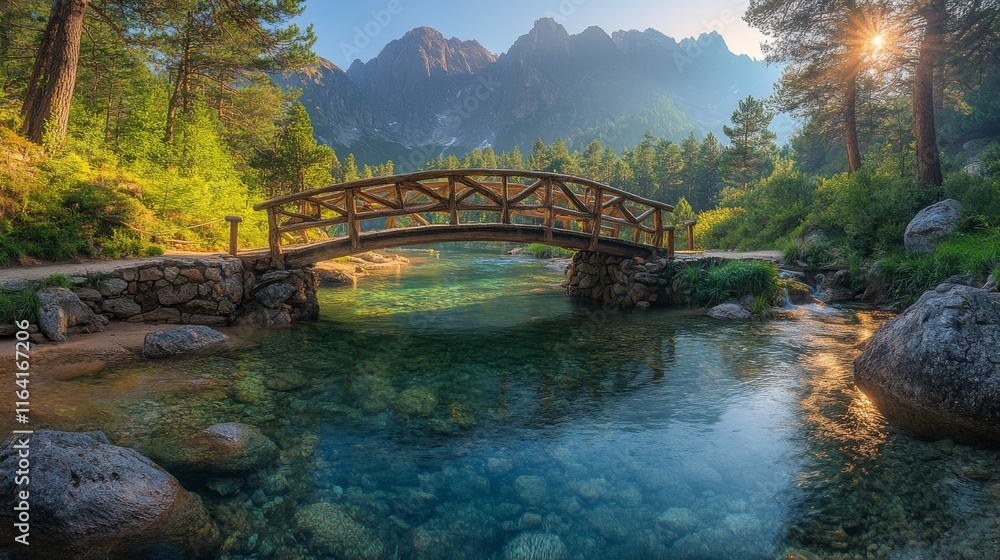 Fototapeta premium Scenic wooden bridge over a flowing stream in a lush forest setting during the day