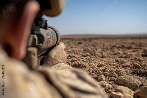 A skilled marksman prepares to engage targets while camouflaged in an arid landscape, showcasing the intensity and determination of military operations. photo