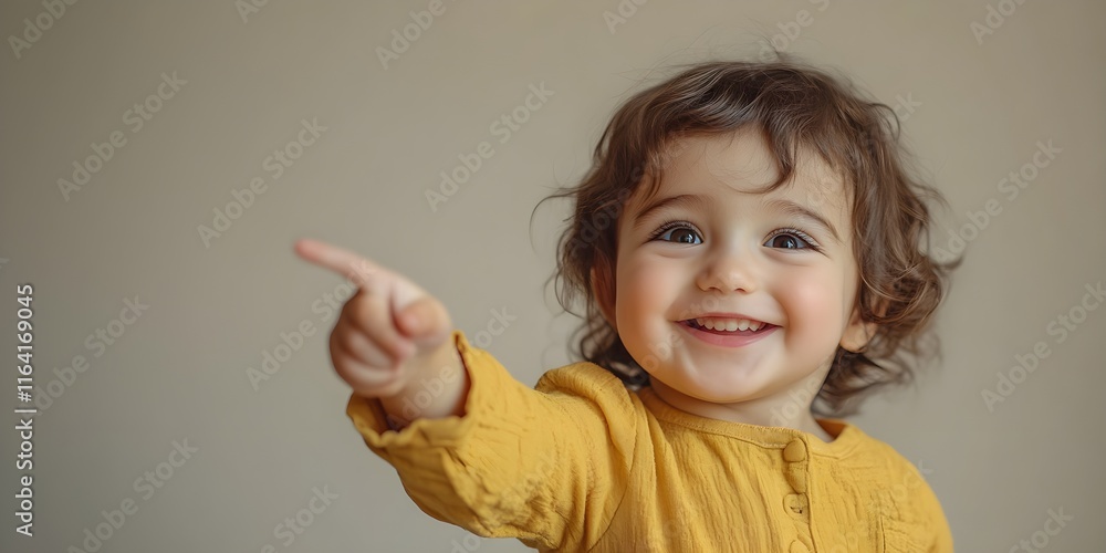 Cute little child smiling brightly and pointing with finger at empty space on empty white background Cute little child smiling brightly and pointing with finger at empty space on empty white background