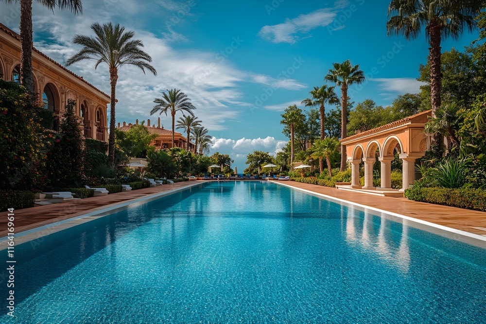 Exotic luxury resort with clear sky in summer, panoramic view of blue outdoor swimming pool landscaped with tropical trees in front of hotel Exotic luxury resort with clear sky in summer, panoramic view of blue outdoor swimming pool landscaped with tropical trees in front of hotel
