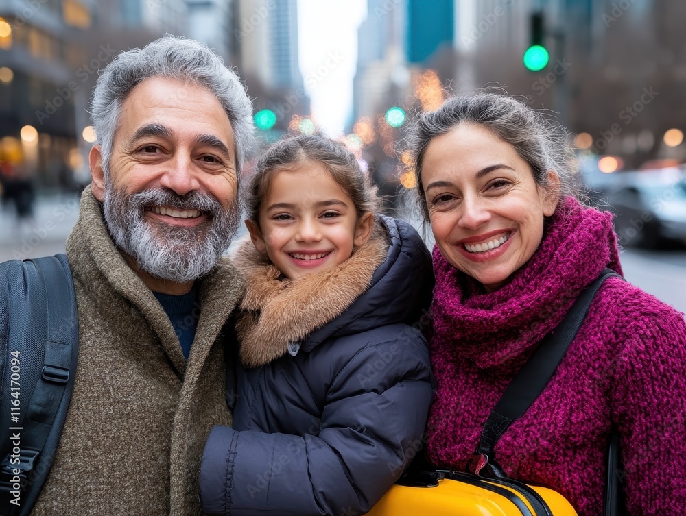 Fototapeta premium Family of Four Waiting for Taxi at Busy Street Corner in City