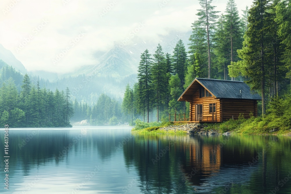 Fototapeta premium Serene log cabin retreat surrounded by lush greenery and tranquil waters in the morning light