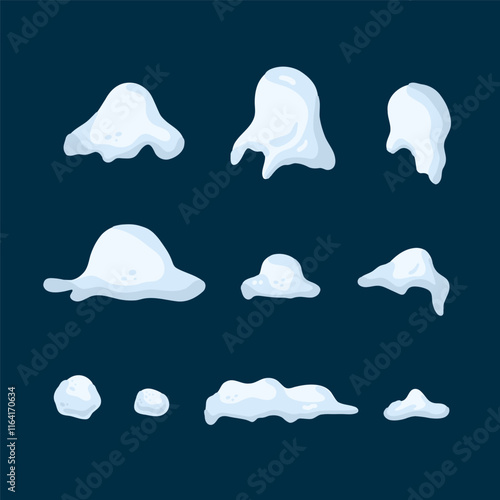 Snow cap. Snowdrifts decorative. Shapes with icicles. Winter frame decoration collection. Snowy roof effect season. Frost weather icy heaps. White frozen vector cartoon flat isolated illustration set