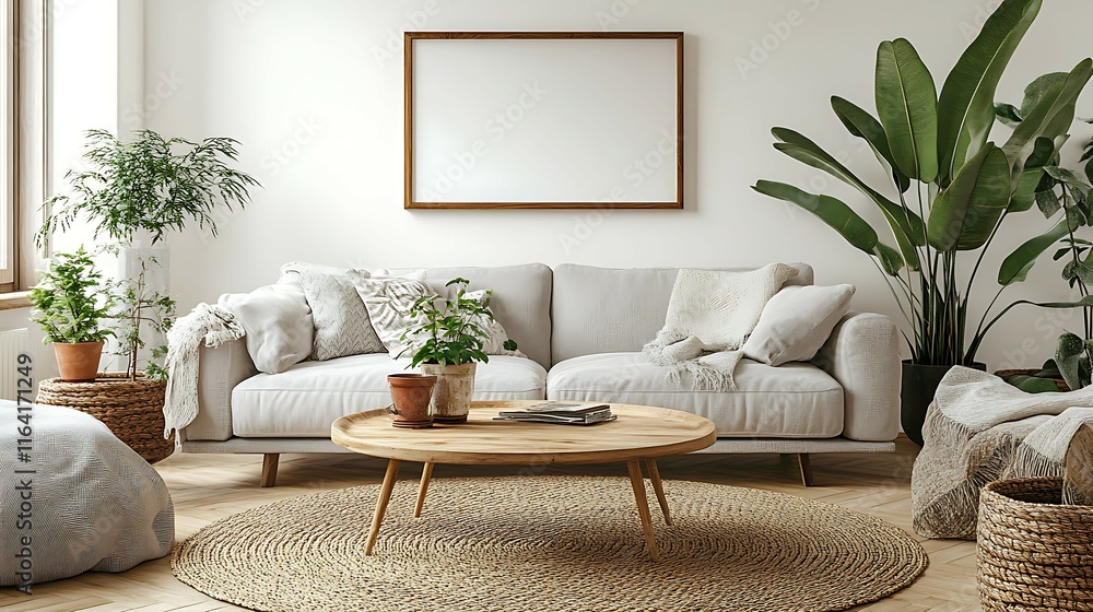Fototapeta premium Cozy living room interior with sofa, plants, and wooden coffee table.