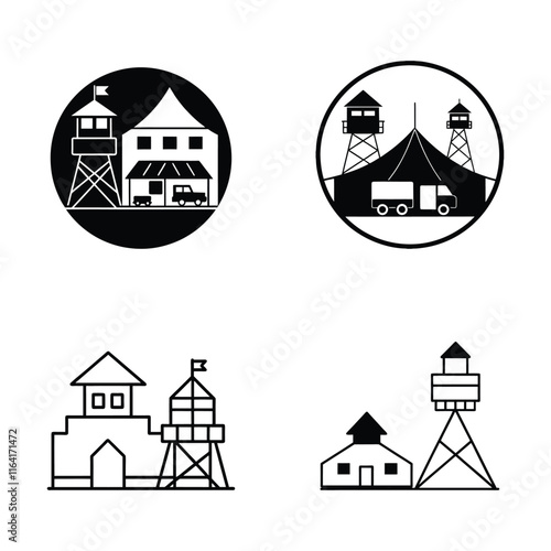 military camp with watchtower and transportation facility base vector bundle