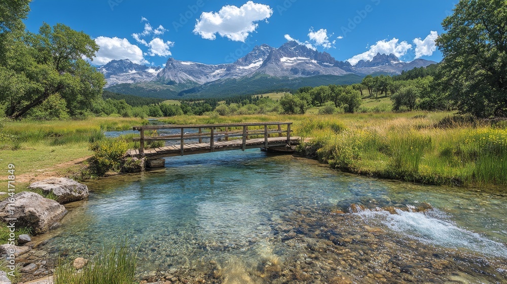 Scenic wooden bridge over a flowing stream in a lush forest setting during the day Scenic wooden bridge over a flowing stream in a lush forest setting during the day