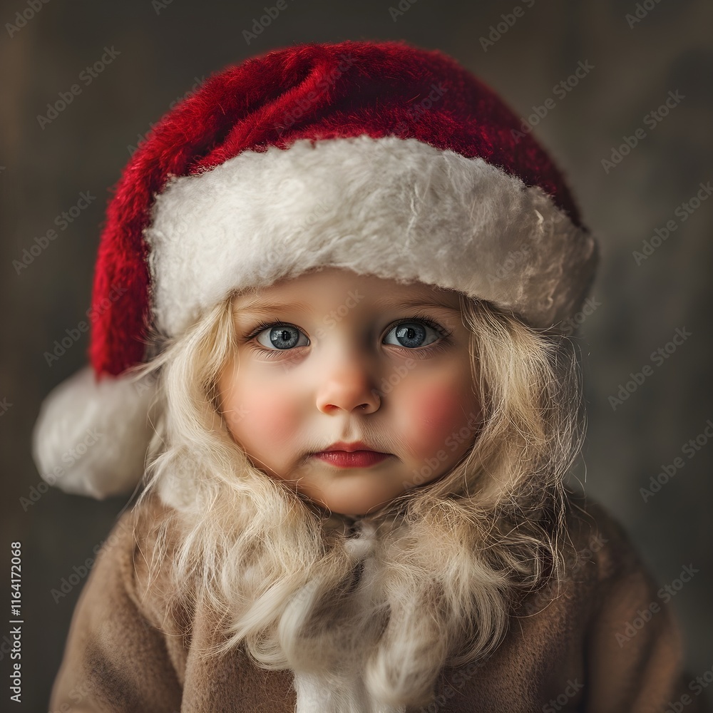 Frontal photo of young child Santa wearing Santa hat, Santa suit and beard Frontal photo of young child Santa wearing Santa hat, Santa suit and beard