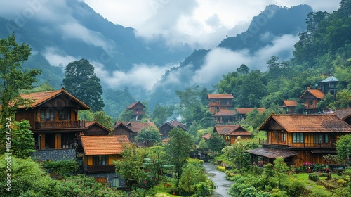 Serene village nestled in lush mountains during a cloudy day