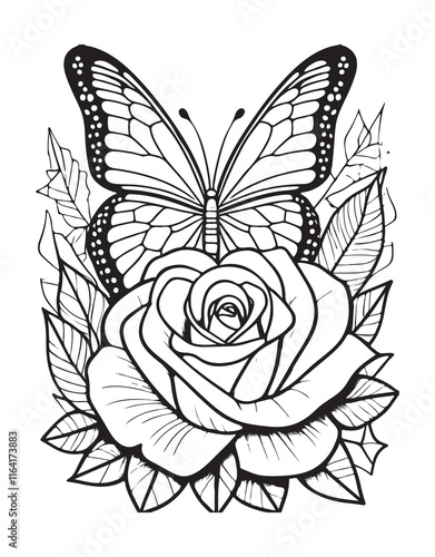 Explore creativity with a butterfly and rose coloring design for relaxation