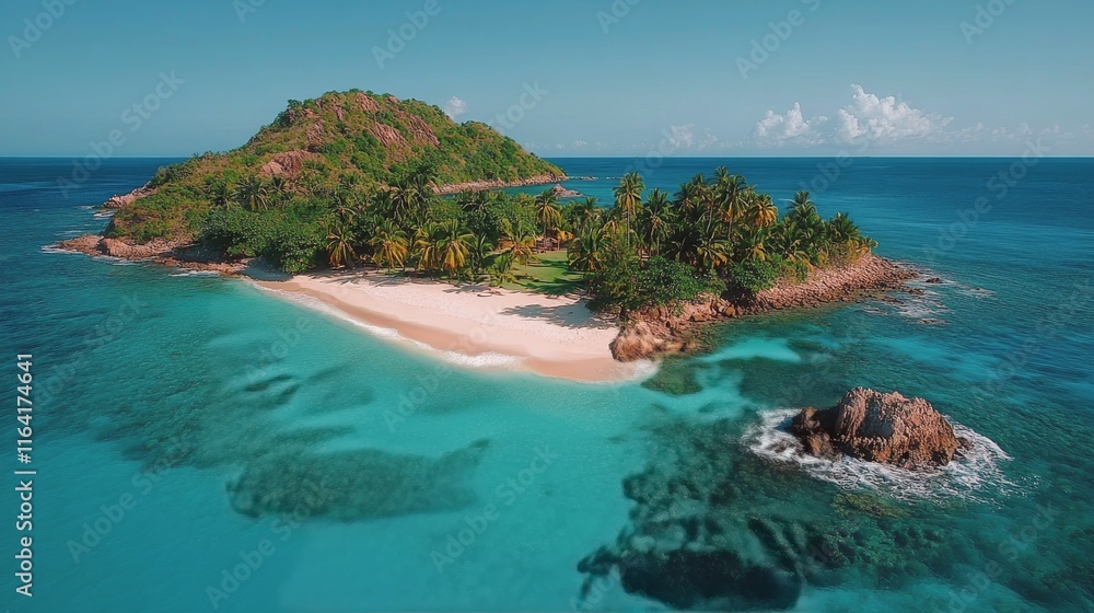 Beautiful tropical island with white sand beach and crystal clear water surrounded by lush greenery Beautiful tropical island with white sand beach and crystal clear water surrounded by lush greenery