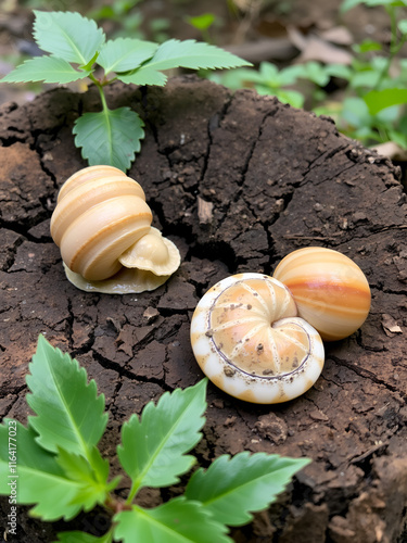 Cepaea vindobonensis and Helix vulgaris - two crawling land pulmonate molluscs on a tree stump photo