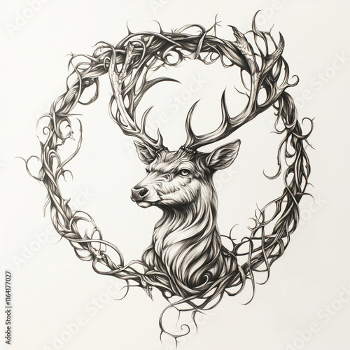 A stylized stag, its body curled into a circular or diamond shape, represents cycles of life and renewal, connecting it to the earth and symbolizing growth and nurturing. photo