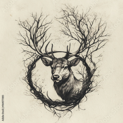 A stylized stag, its body curled into a circular or diamond shape, representing cycles of life and renewal, connecting it to the earth and symbolizing growth and nurturing photo