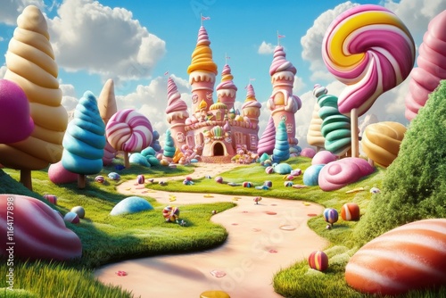 Enchanted candy land with towering sweet structures photo