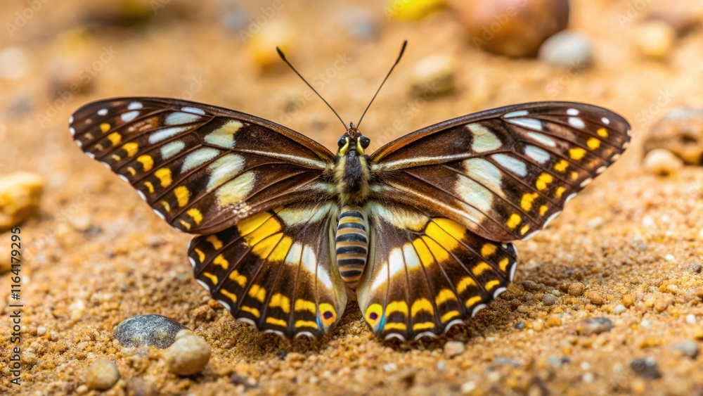 Obraz premium Butterfly Prepona Laerte on the sand, its wings brown with yellow spots and a white stripe, exotic, outdoor, exotic