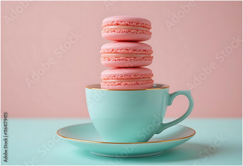 Delicate Pink Macarons Stacked in a Teal Teacup