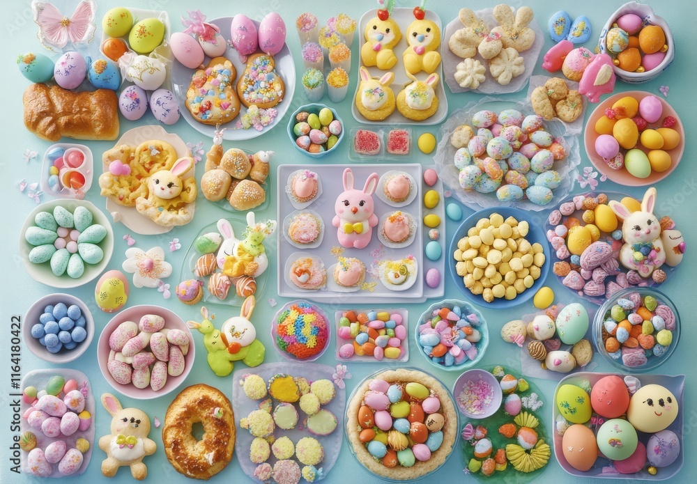 A Colorful Display of Easter Treats and Sweets Featuring Bunnies, Eggs, and Various Desserts Perfect for Celebrating Spring Festivities and Family Gatherings A Colorful Display of Easter Treats and Sweets Featuring Bunnies, Eggs, and Various Desserts Perfect for Celebrating Spring Festivities and Family Gatherings