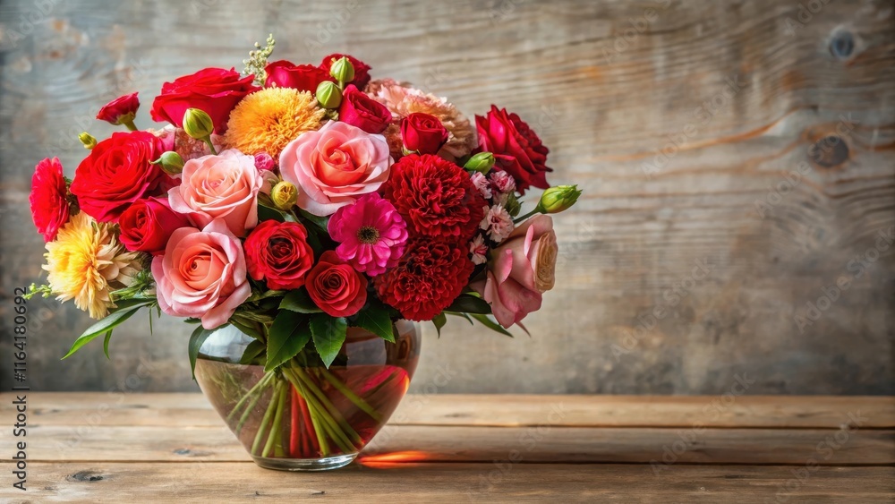 A warm bouquet of colorful flowers with red roses and pink carnations centered on a heart-shaped vase, heartfelt, Happy Mother's Day A warm bouquet of colorful flowers with red roses and pink carnations centered on a heart-shaped vase, heartfelt, Happy Mother's Day