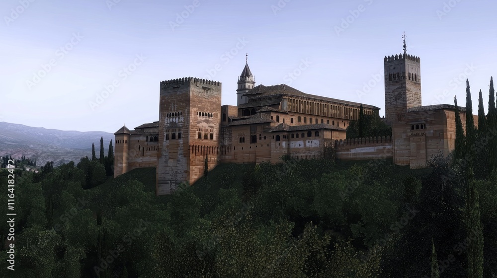 Historic fortress set against a mountainous backdrop. Historic fortress set against a mountainous backdrop.