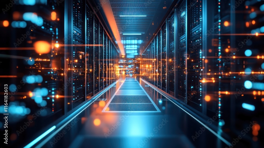 Futuristic server room hallway with glowing technology. Futuristic server room hallway with glowing technology.