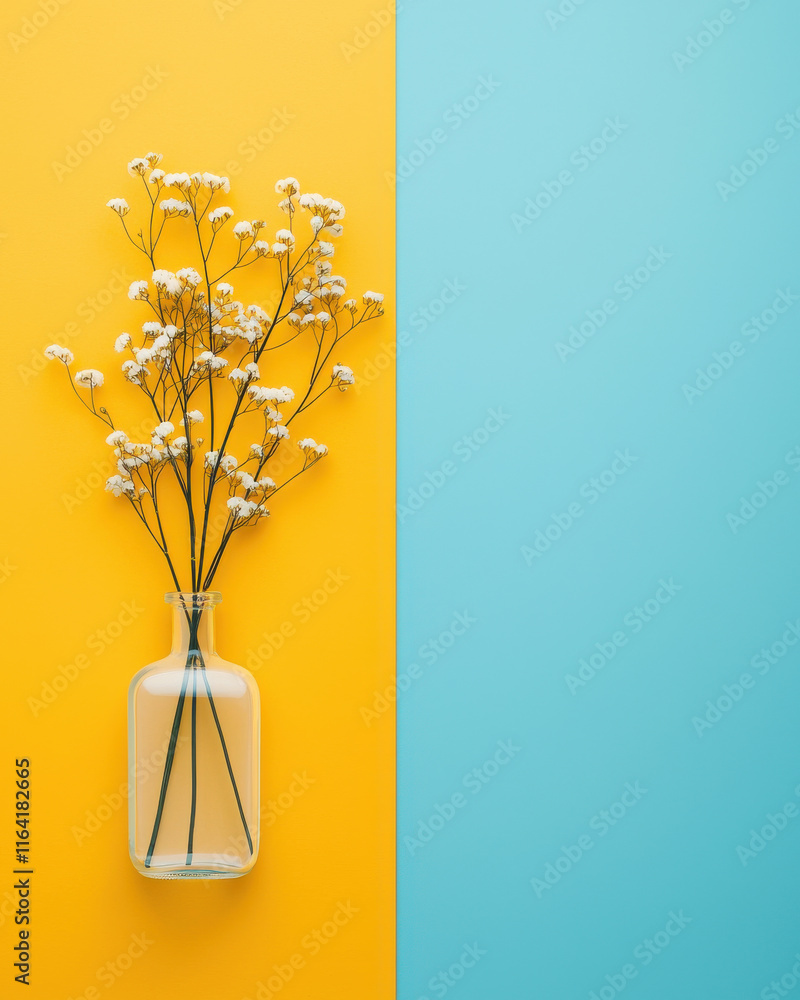 Delicate flowers in glass vase on vibrant split background Delicate flowers in glass vase on vibrant split background