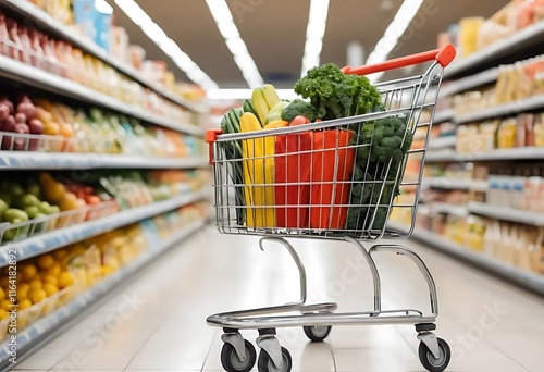 Shopping Cart Filled With Fresh Produce In Grocery Store Aisle photo