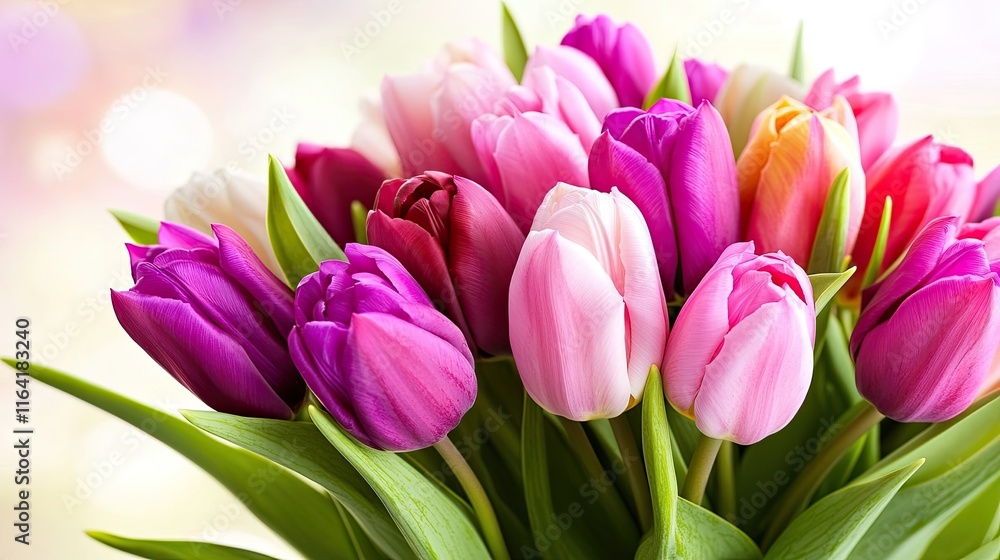Fototapeta premium A close-up of a tulip bouquet in soft pastel hues, with a blurred background and plenty of space for text.