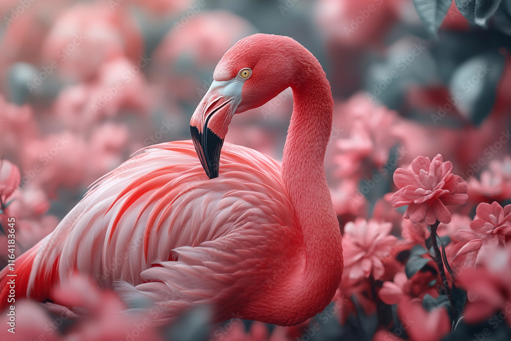 Obraz premium Graceful pink flamingo captured in a stunning close-up, highlighting its vibrant feathers, elegant curves, and serene beauty. A perfect representation of nature’s artistry.